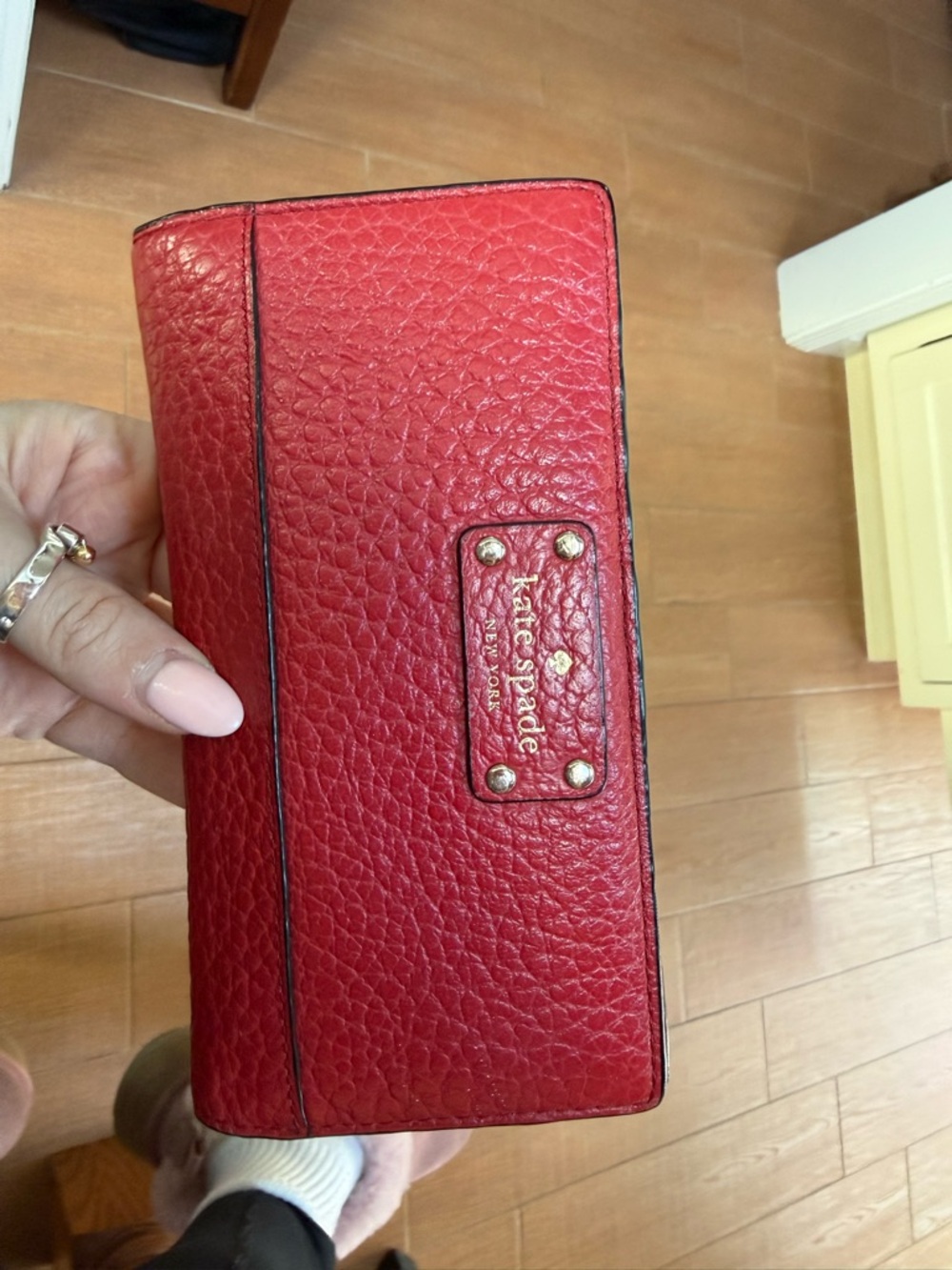 kate spade Red Pebbled Leather Continental Wallet with Logo Plaque